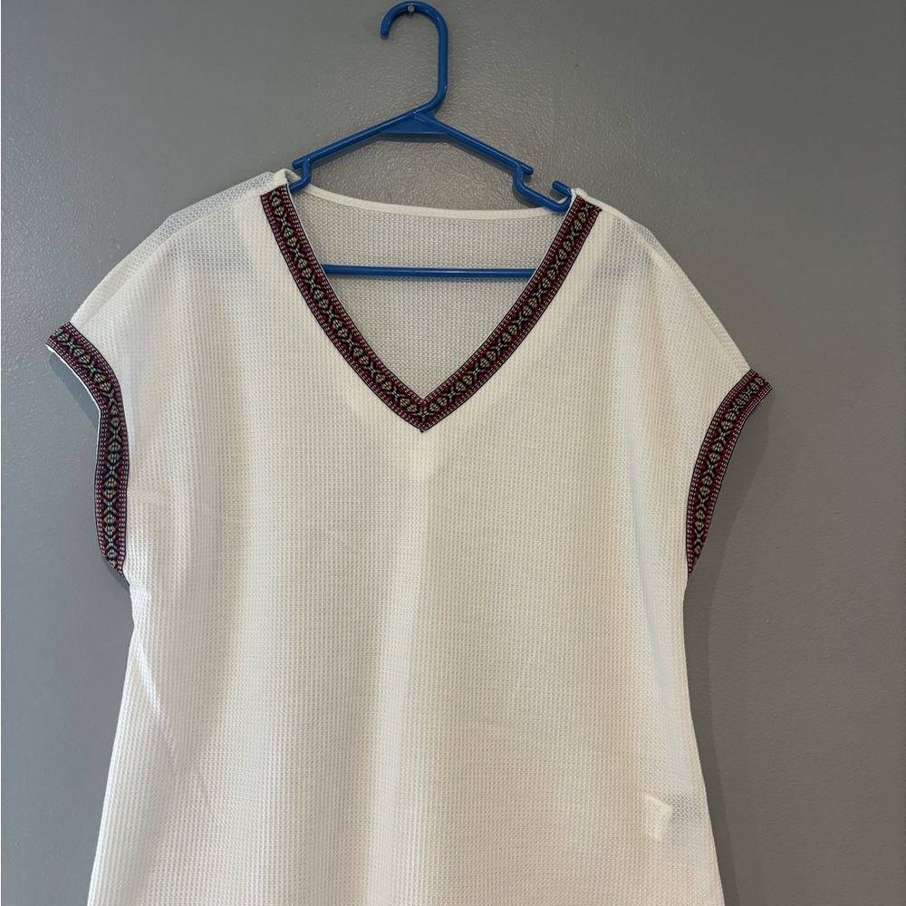 White V-Neck Top with Embroidered Trim